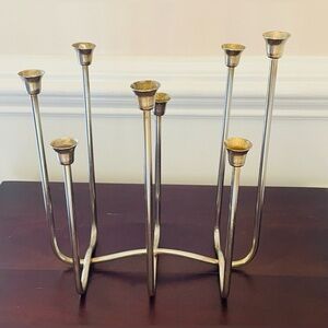 Mid Century Modern Silver Tone Candelabra, 8 Arm Candle Holder With Patina